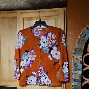 Garnet Hill Orange Pink Purple Blue Floral Merino Wool Knit Cardigan Sweater